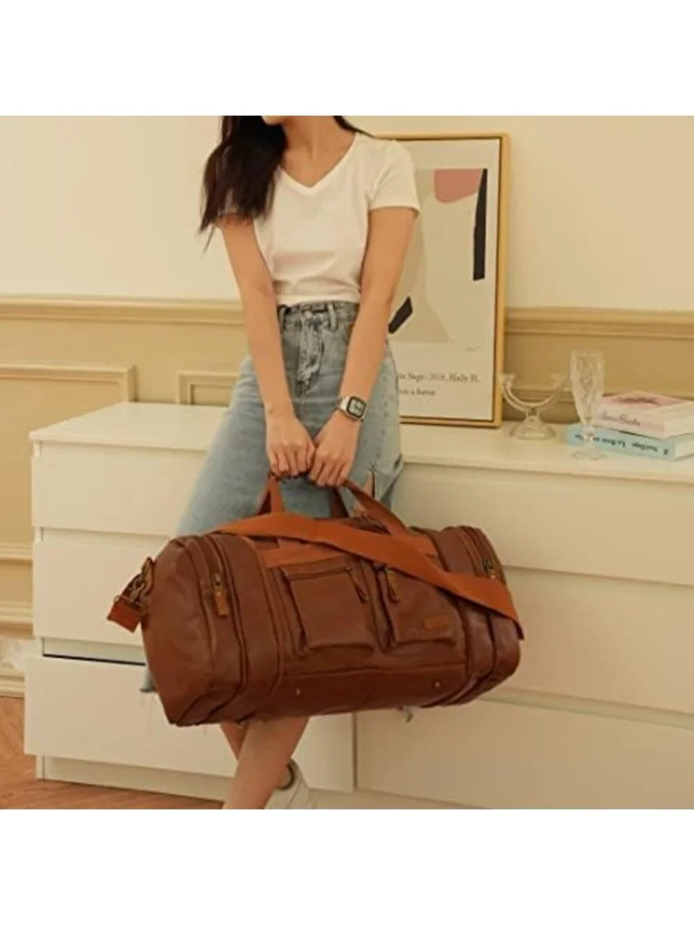 Stylish Vegan Leather Weekender Duffel Bag - Travel, Overnight & Sports Carry-On